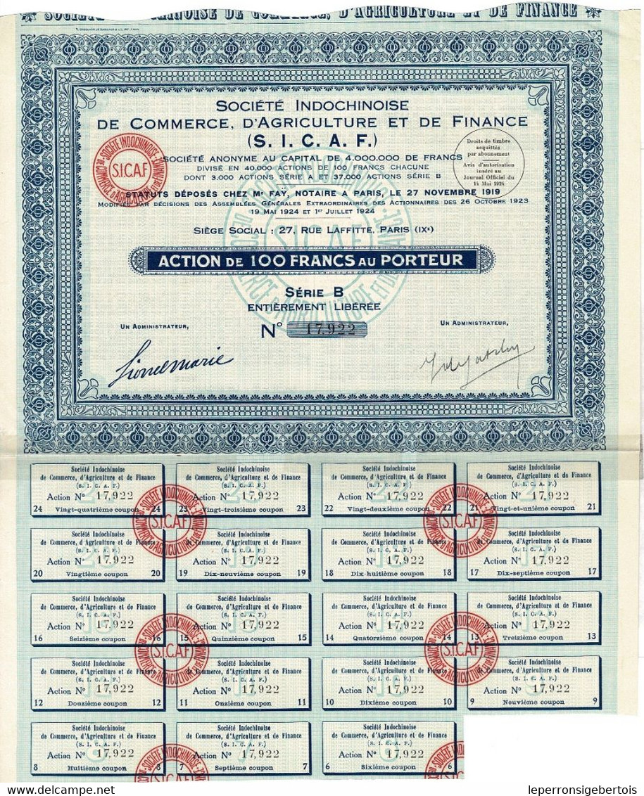 Titre Ancien - Société Indochinoise De Commerce, D'Agriculture Et De Finance - Société Anonyme- Titre De 1924 - - Azië