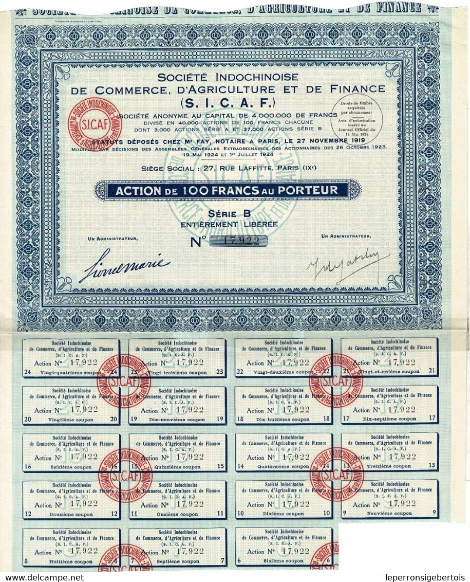 Titre Ancien - Société Indochinoise De Commerce, D'Agriculture Et De Finance - Société Anonyme- Titre De 1924 - - Asia