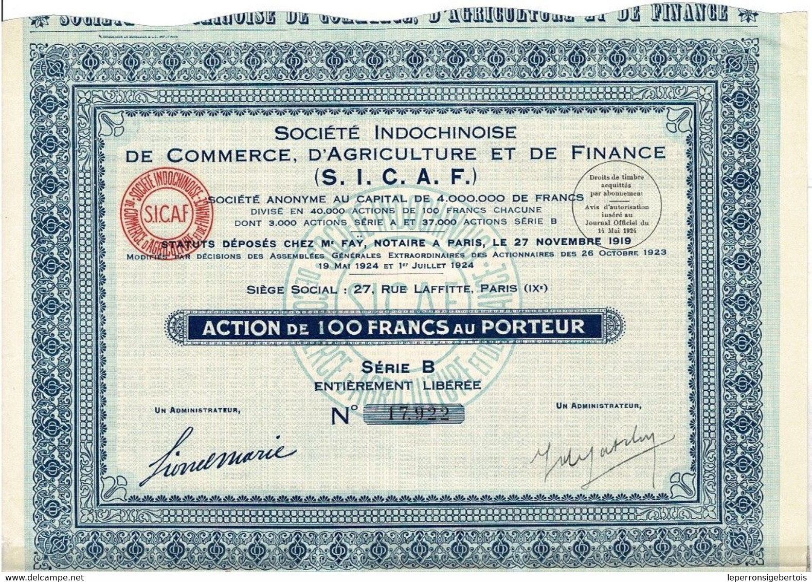 Titre Ancien - Société Indochinoise De Commerce, D'Agriculture Et De Finance - Société Anonyme- Titre De 1924 - - Azië