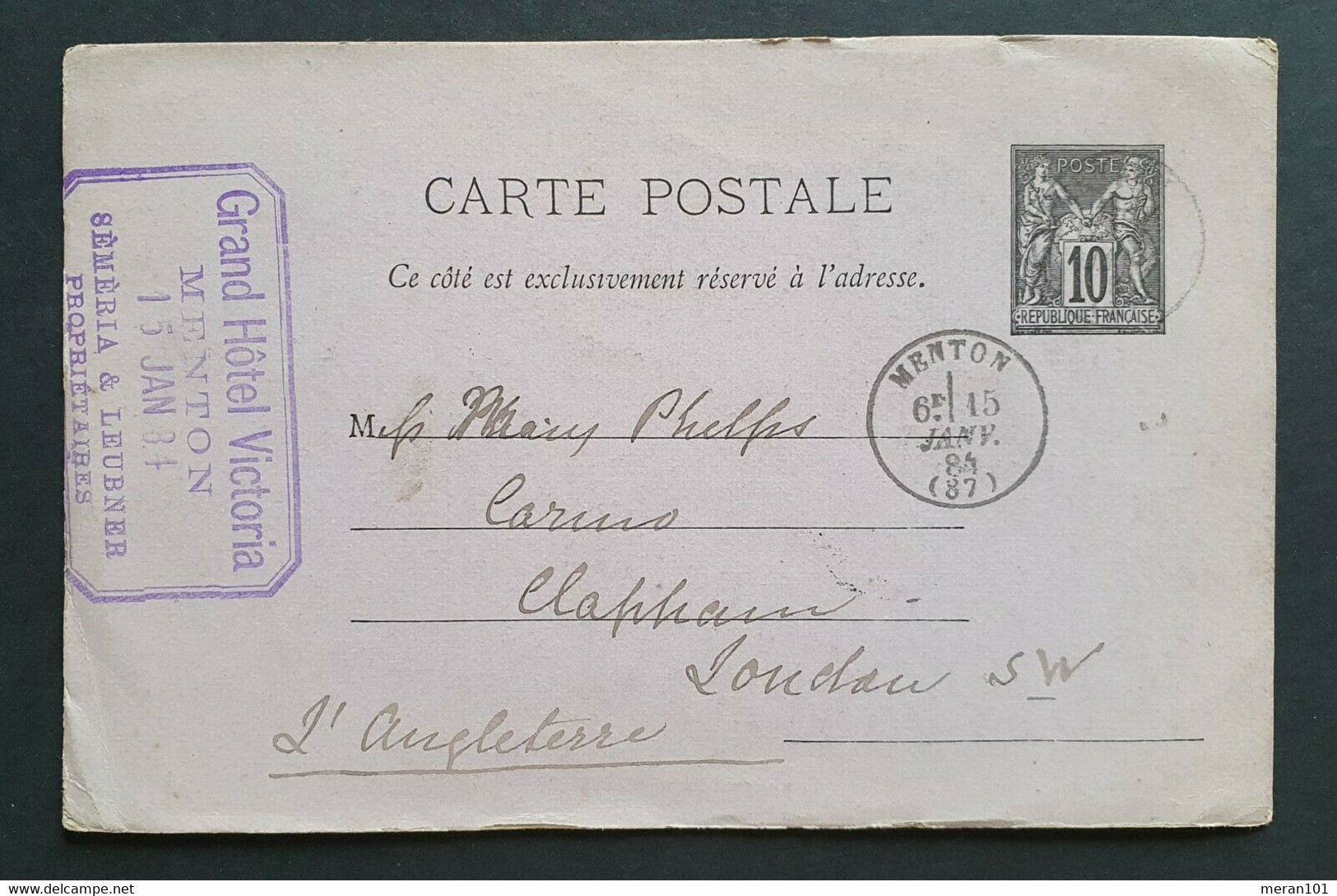 Frankreich 1884, Postkarte P8 MENTON Gelaufen LONDON - Other & Unclassified