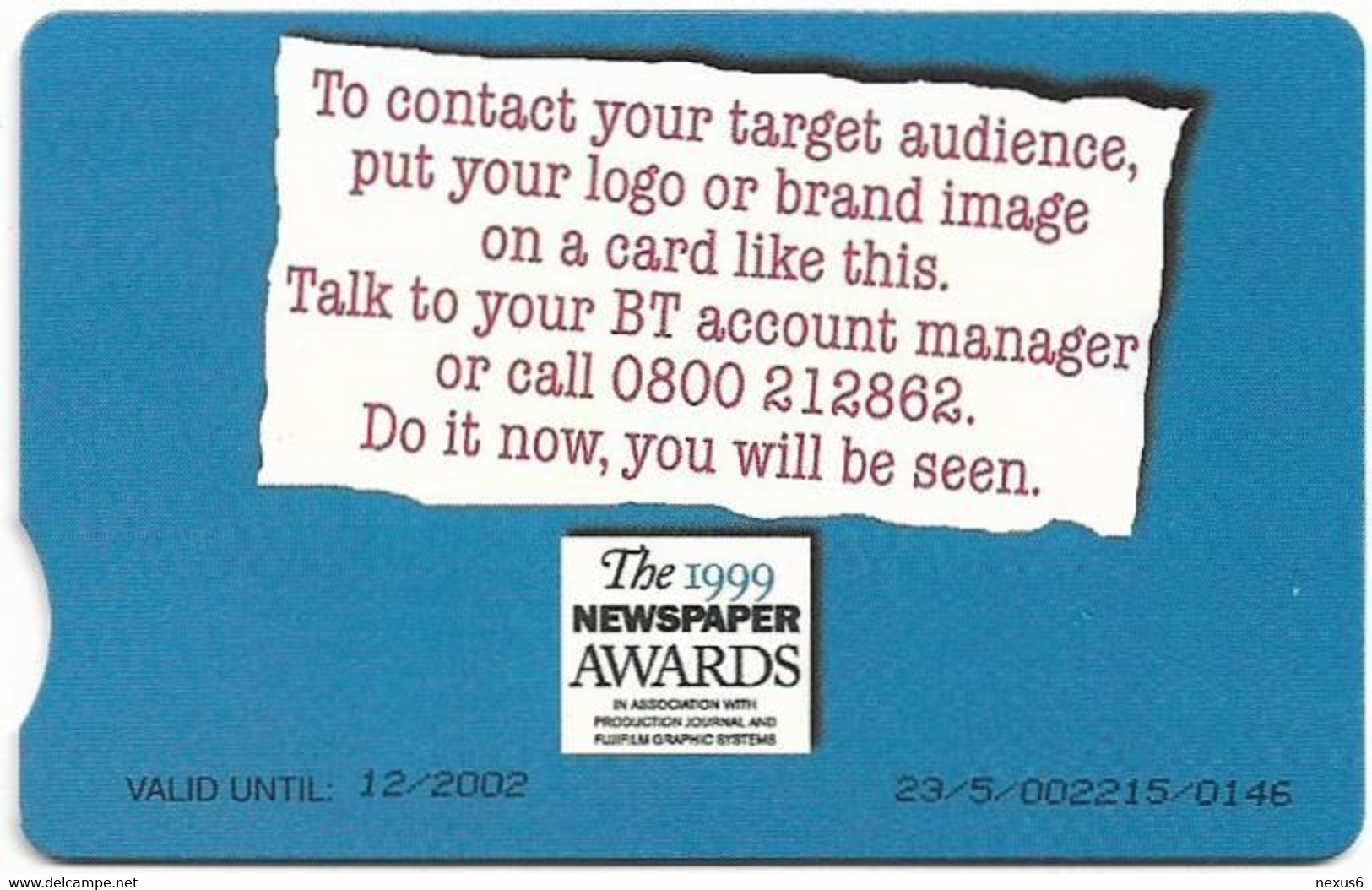 UK - BT (Chip) - PRO459 - BCI-080 - The 1999 Phonecards Newspaper Awards, £1, 2.000ex, Mint - BT Promociónales