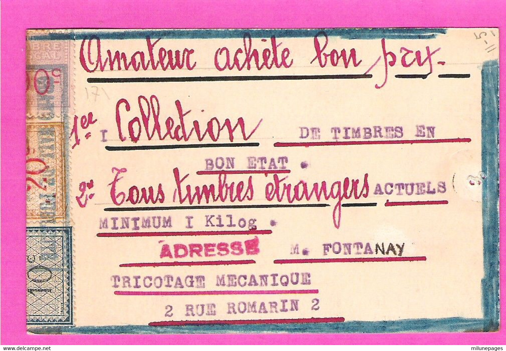 Carton Petites Annonces Grand Hall De Publicité Lyon Timbres Fiscaux Affiches Rare Utilisation - Andere & Zonder Classificatie