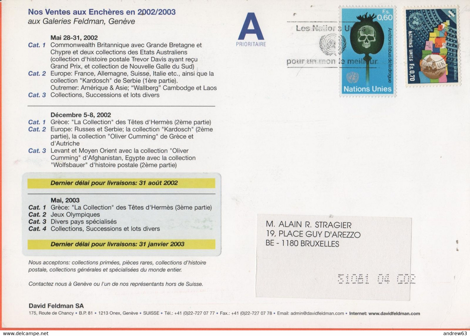 ONU - NAZIONI UNITE - UNITED NATIONS - NATIONS UNIES - 2002 - 0,60 Drogue + 0,70 Assemblée Générale -Viaggiata Da Genève - Covers & Documents