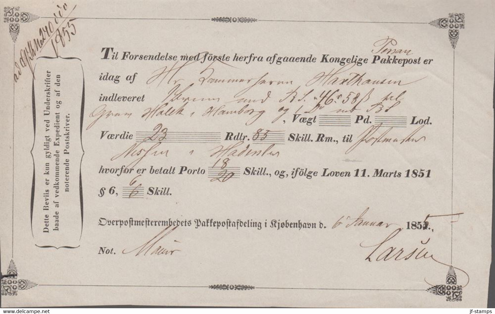 1855. DANMARK. Postkvittering (postal Receipt) For Two Value Parcels/letters To Hambu... () - JF410165 - Briefe U. Dokumente