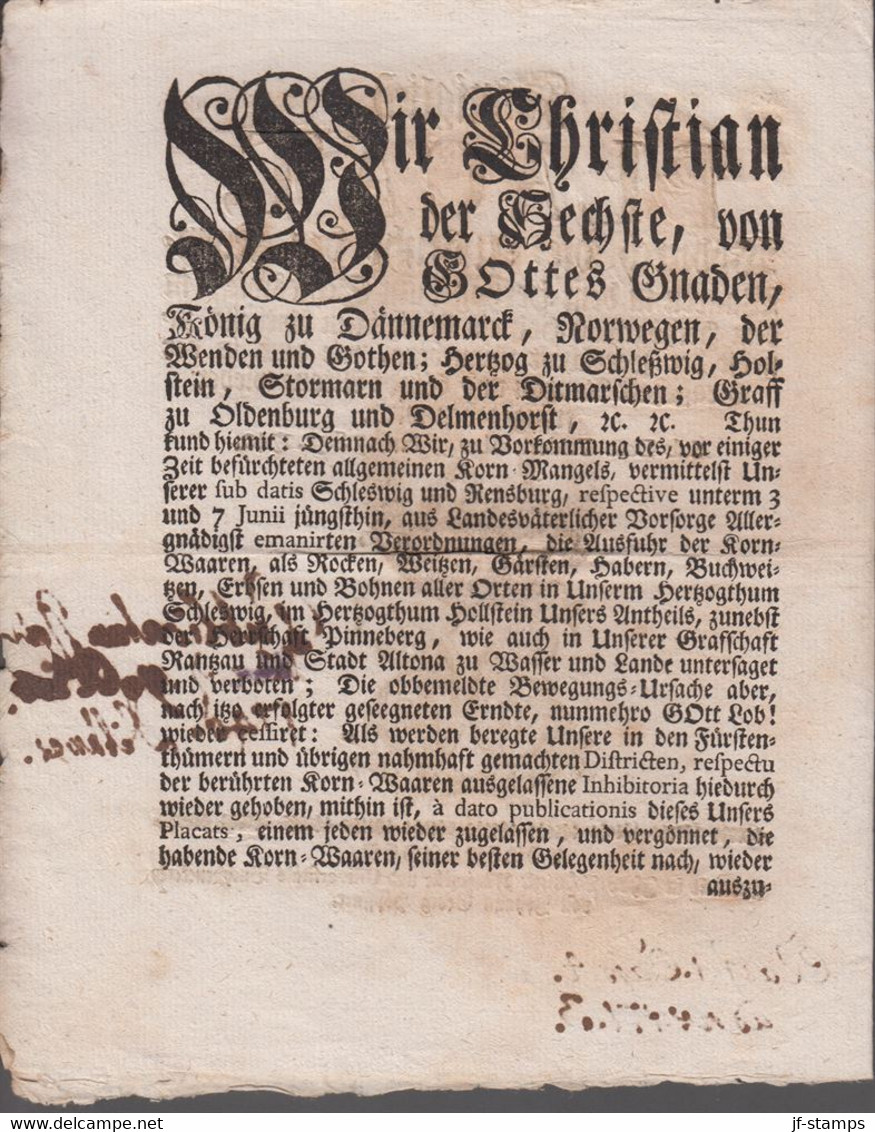 1740. DANMARK. Beautiful Königlich PLACAT,Friederichsburg, Den 17 Sept. 1740. Content... () - JF410166 - ...-1851 Préphilatélie