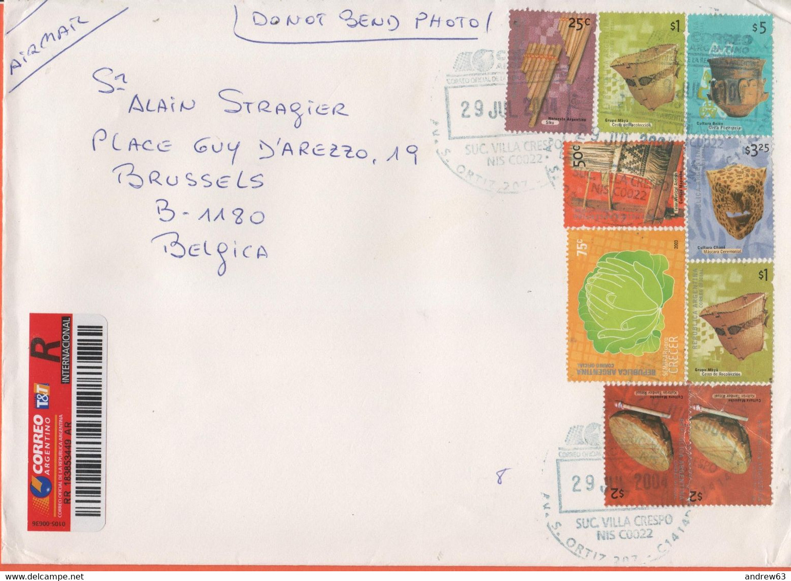 ARGENTINA - 2004 - 9 Stamps - Registered - Medium Envelope - Viaggiata Da Buenos Aires Per Bruxelles, Belgium - Cartas & Documentos