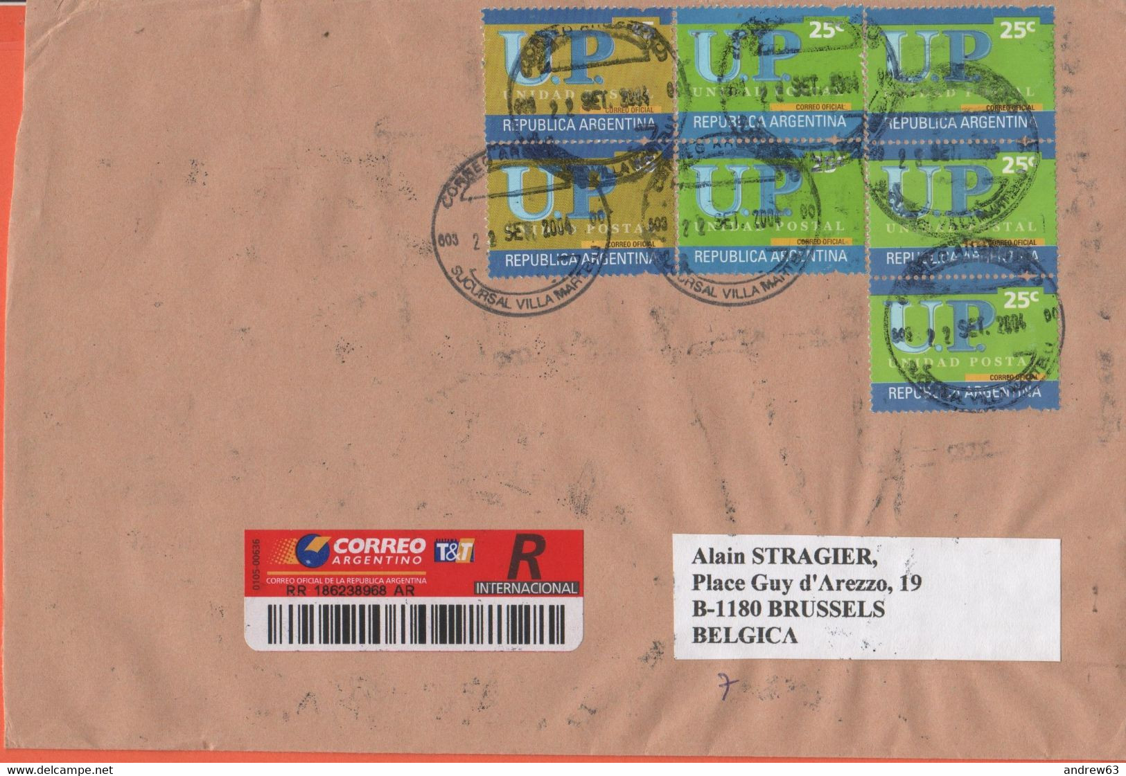 ARGENTINA - 2004 - 25 X UP (18 On The Rear)- Registered - Medium Envelope - Viaggiata Da Florida Per Bruxelles, Belgium - Covers & Documents