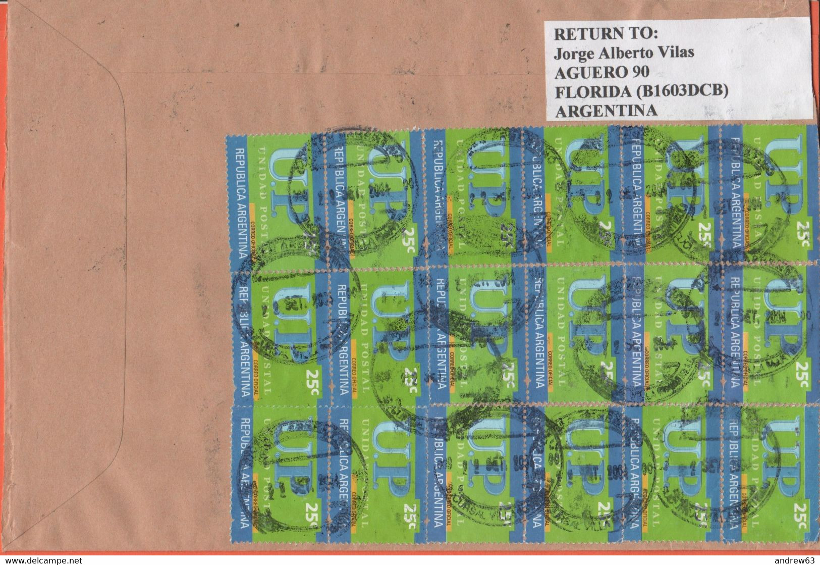 ARGENTINA - 2004 - 25 X UP (18 On The Rear)- Registered - Medium Envelope - Viaggiata Da Florida Per Bruxelles, Belgium - Brieven En Documenten