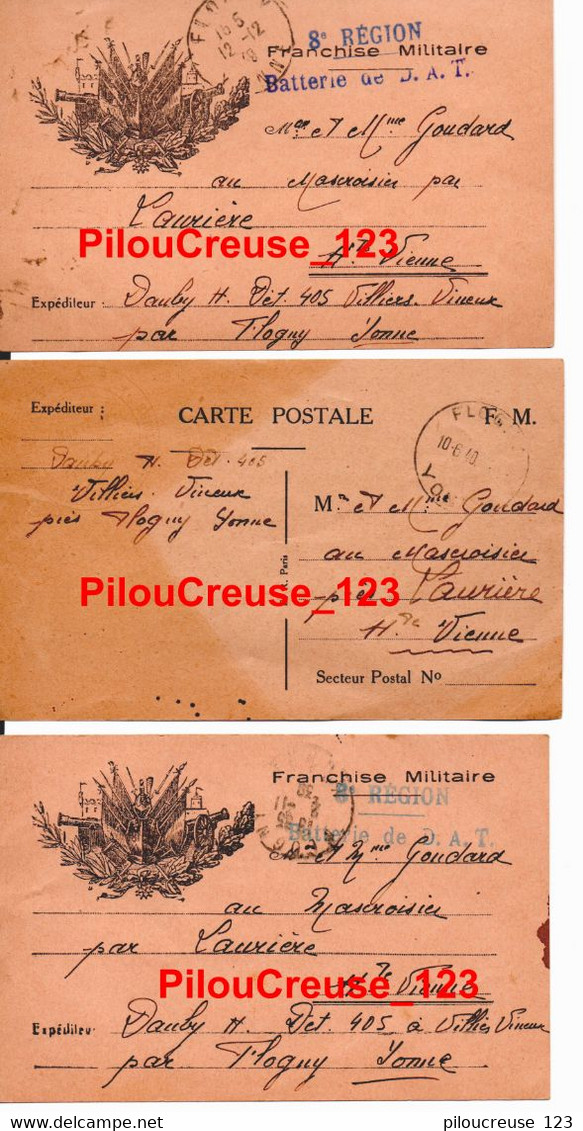 87 Haute Vienne - LAURIERE - " Lot De 3 Cartes Correspondance Militaire écrites Par Henri DAUBY - Voir Description " - Lauriere