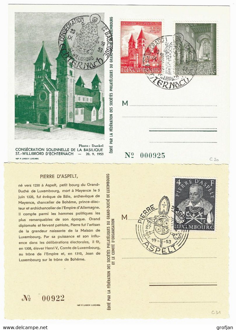 2 Cartes - Consécration Basilique Echternach + Pierre D'Aspelt - 1953 - FSPL - Frankeermachines (EMA)