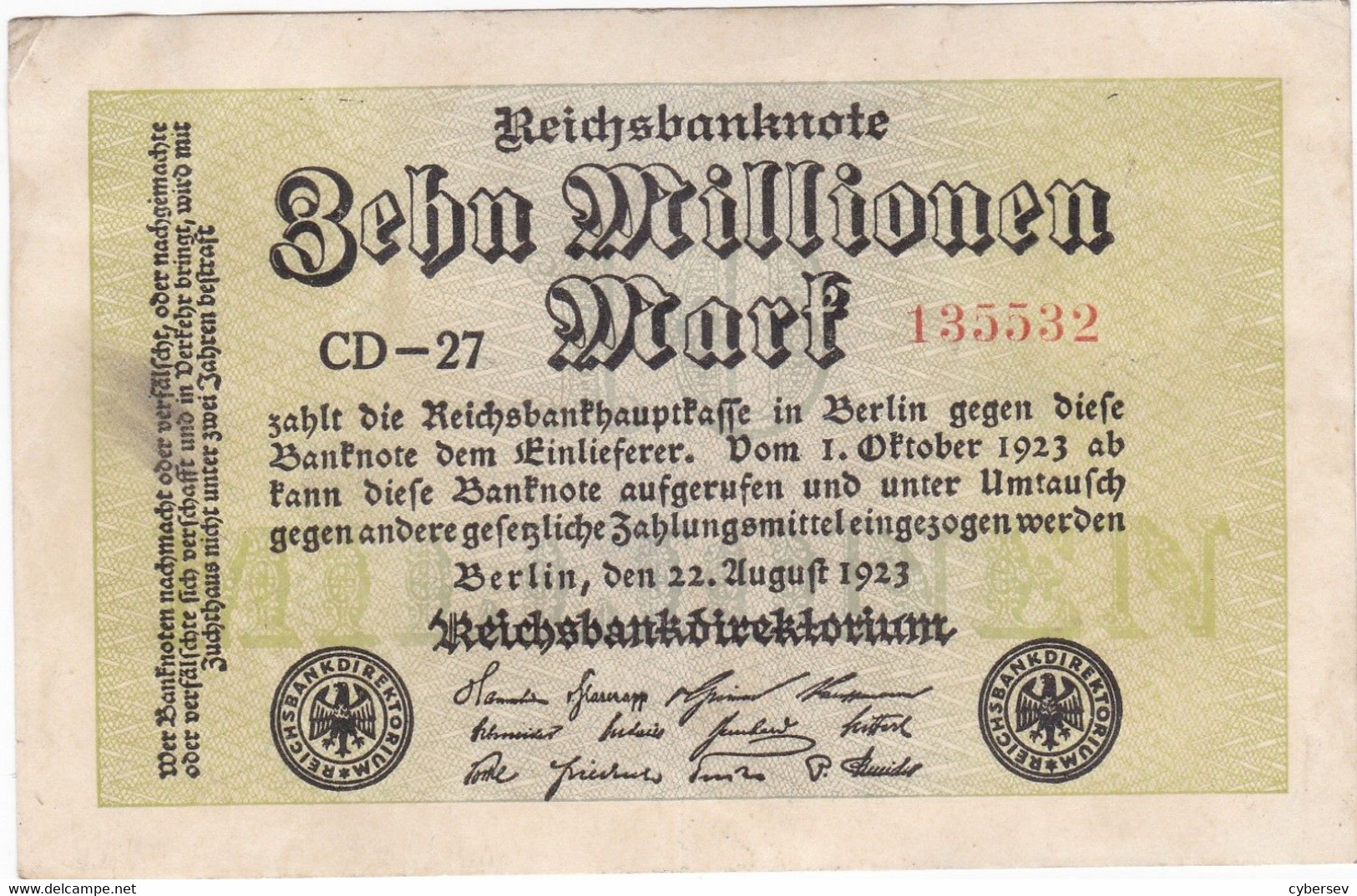 REICHSBANKNOTE - Zehn Millionen Mark - 2 Scannes - 10 Mio. Mark