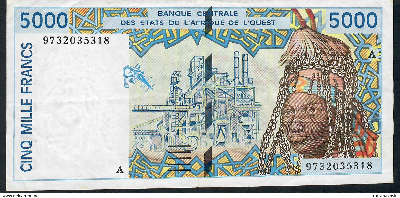 W.A.S. LETTER A = IVORY COAST  P110Af 5000 FRANCS (19)97  Sign.28   VF    NO P.h. - Stati Dell'Africa Occidentale