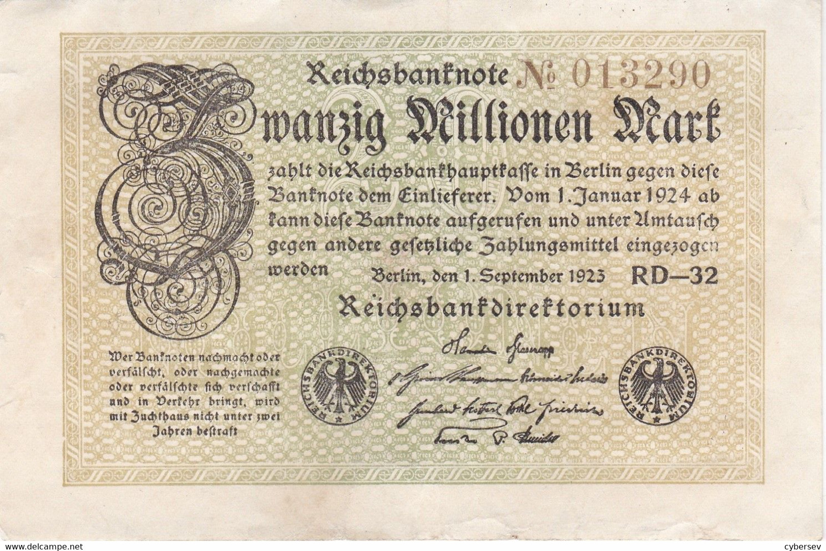 REICHSBANKNOTE - Wanzig Millionen Mark - 2 Scannes - 20 Millionen Mark