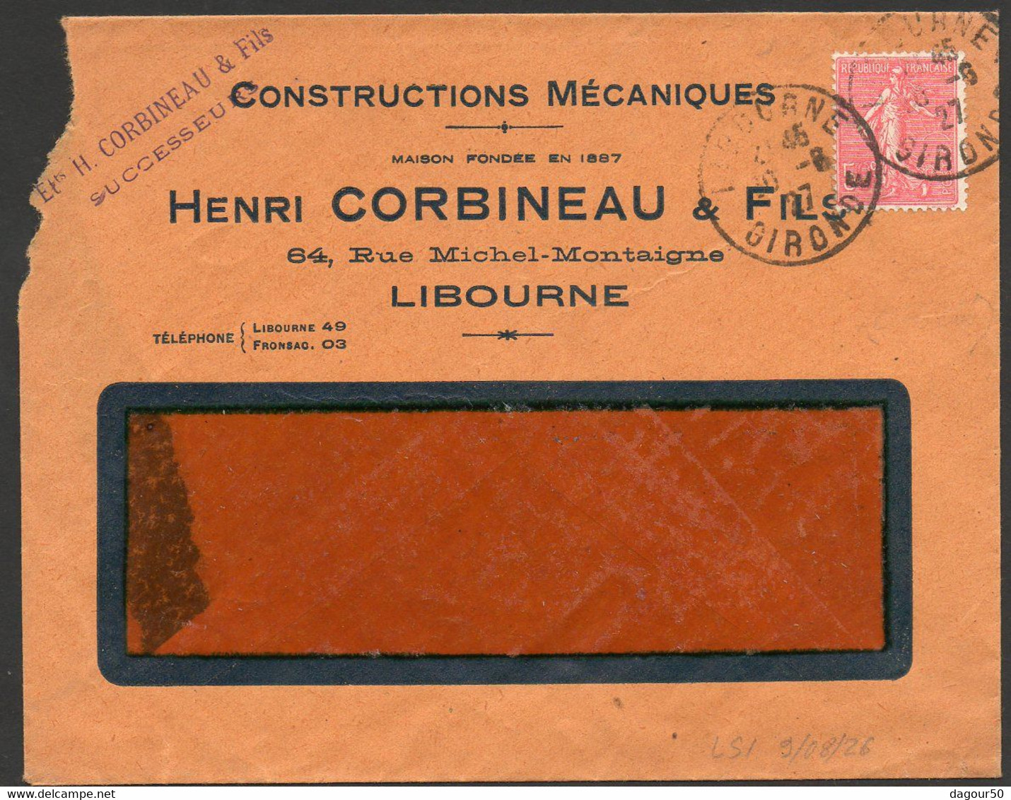 N° 199 (IIA), 5c Au Lieu De 50c, 0 De 50 Obstrué , Obl Cad Libourne 30/6/27, Au Tarif Sur Lettre  - TB - Storia Postale