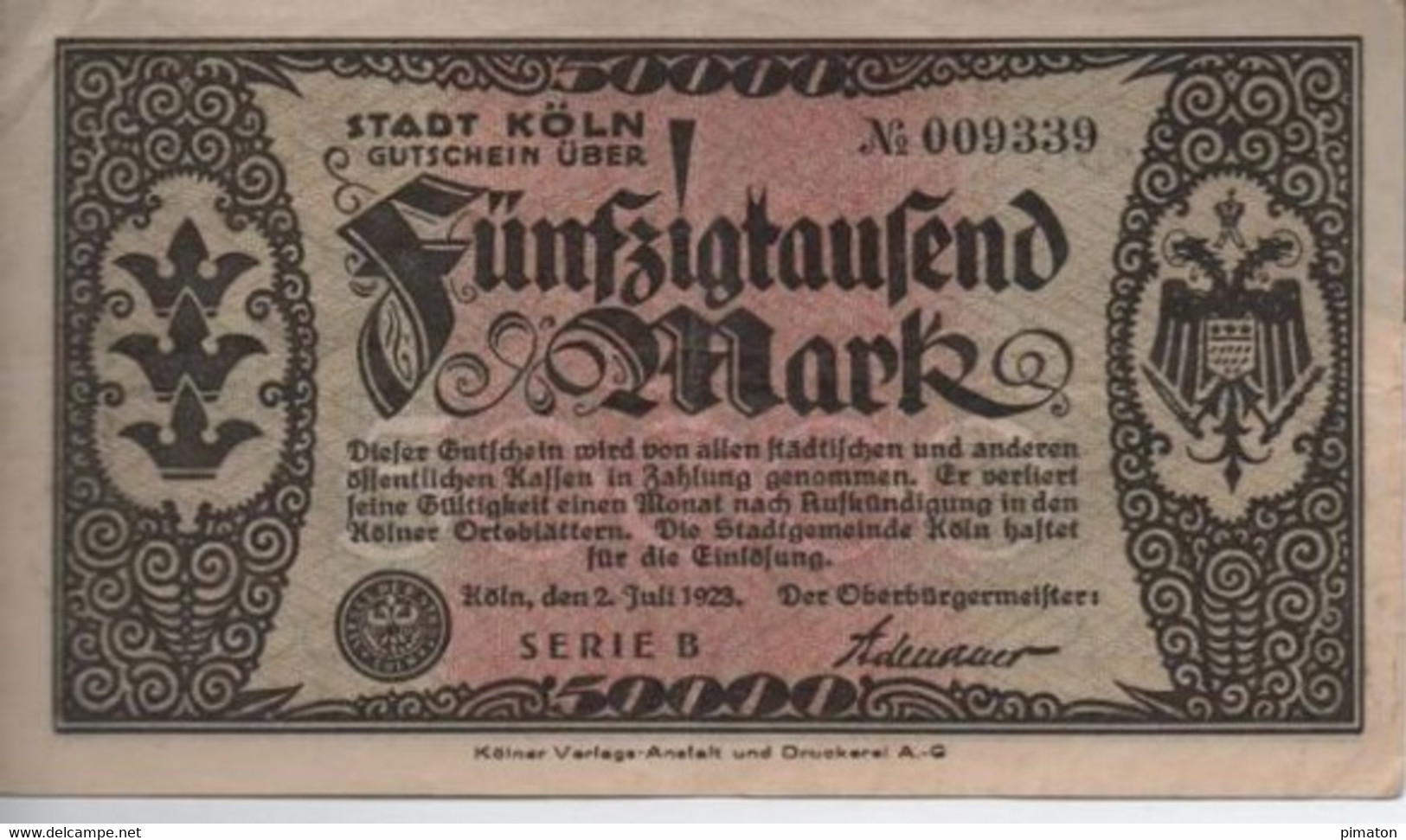 Notgeld Stadt Koln     50 000 Mark   2 - 7 - 1923 (Signature D'Adenauer ) - Non Classificati