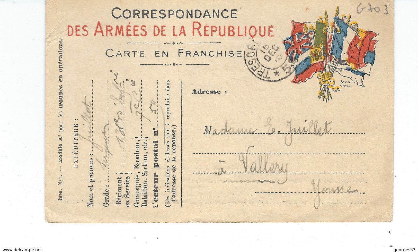 Carte Correspondance Des Armées De La R&publique (14/18) ,carte En Franchise 15/12/1915 - Cartas & Documentos