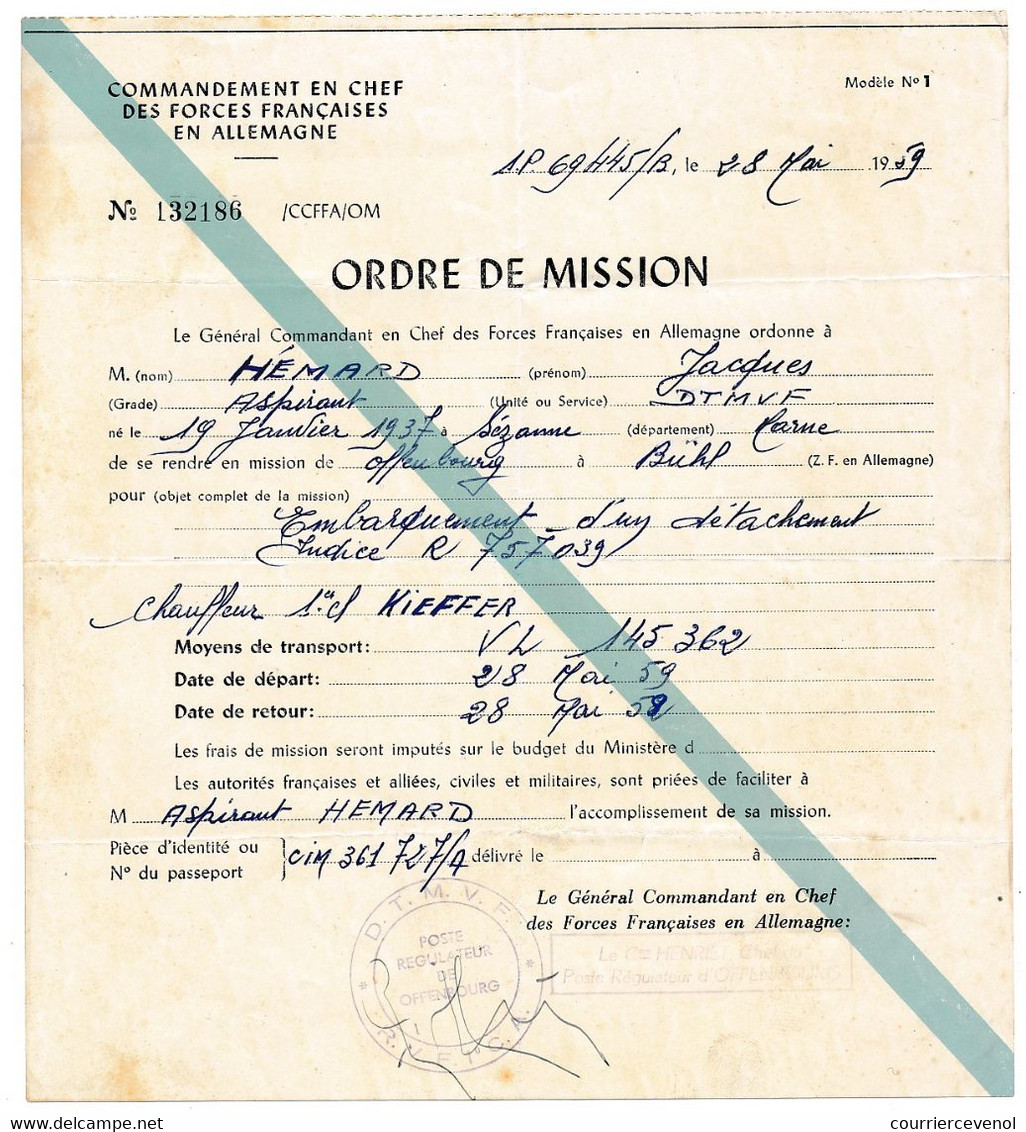 Ordre De Mission - Commandement En Chef Des Forces Françaises En Allemagne - 1959 - Documenten