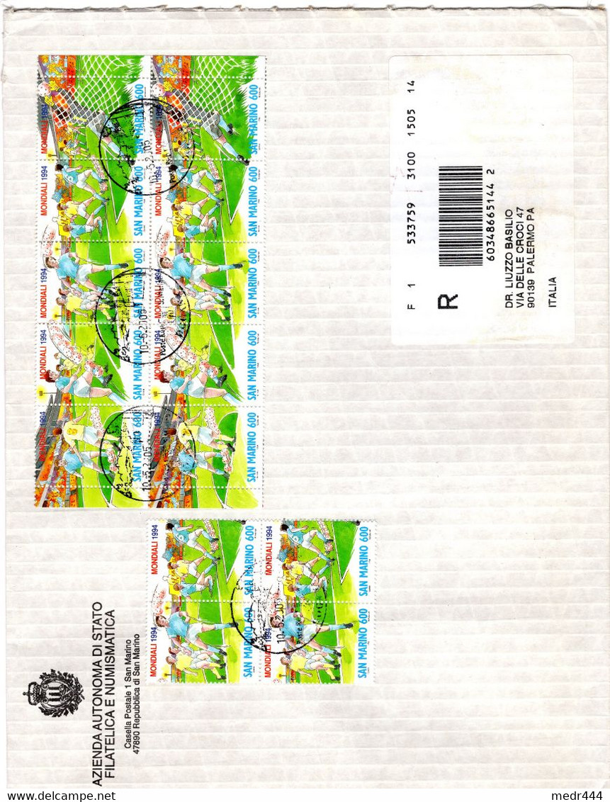 San Marino 1994 - FIFA - Football World Cup USA 94 - Registered Letter Sent From San Marino To Italy - Covers & Documents