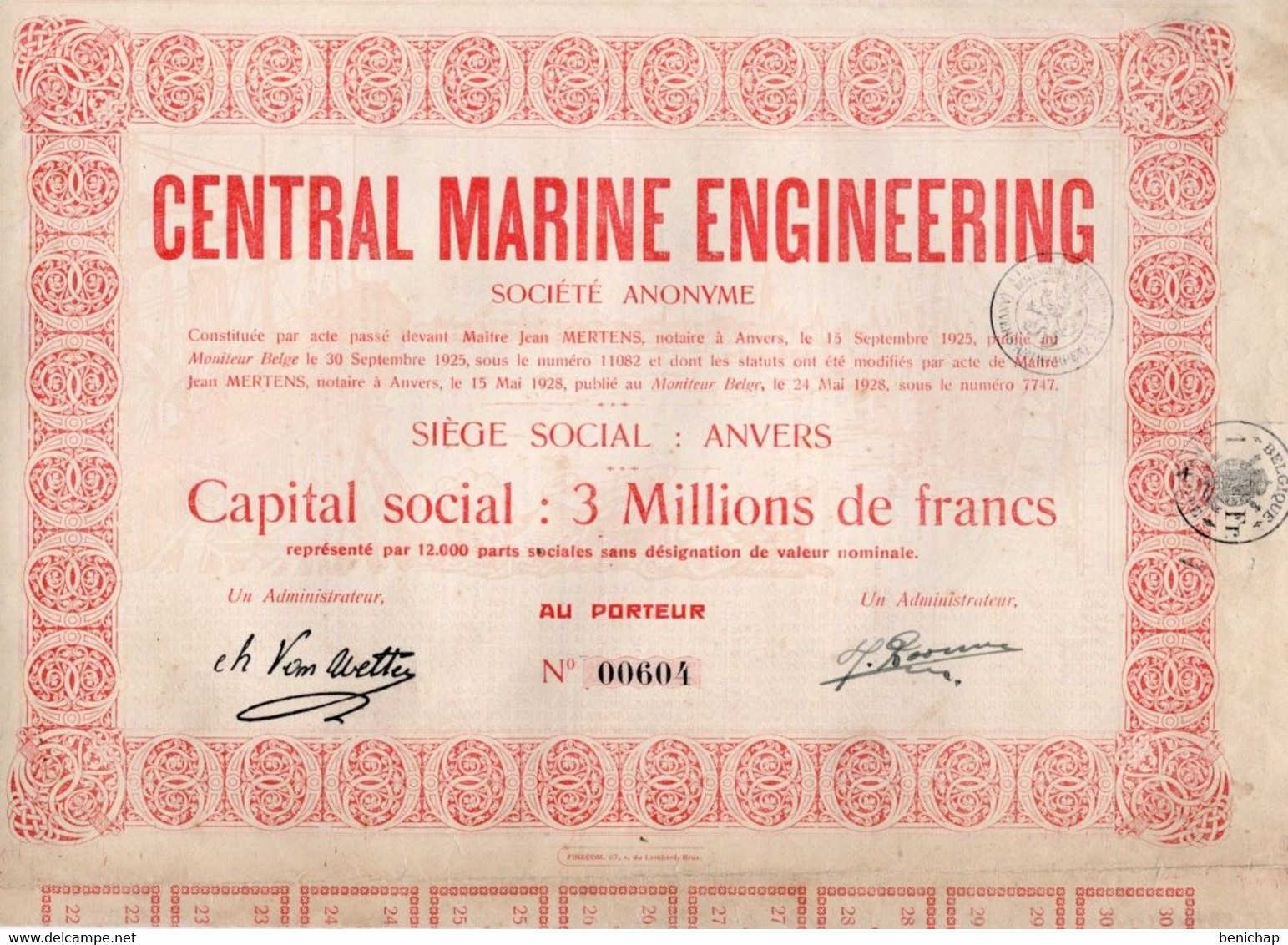 Capital Social Au Porteur - Central Marine Engineering - Réparation Bateaux - Anvers 1928. - Industry