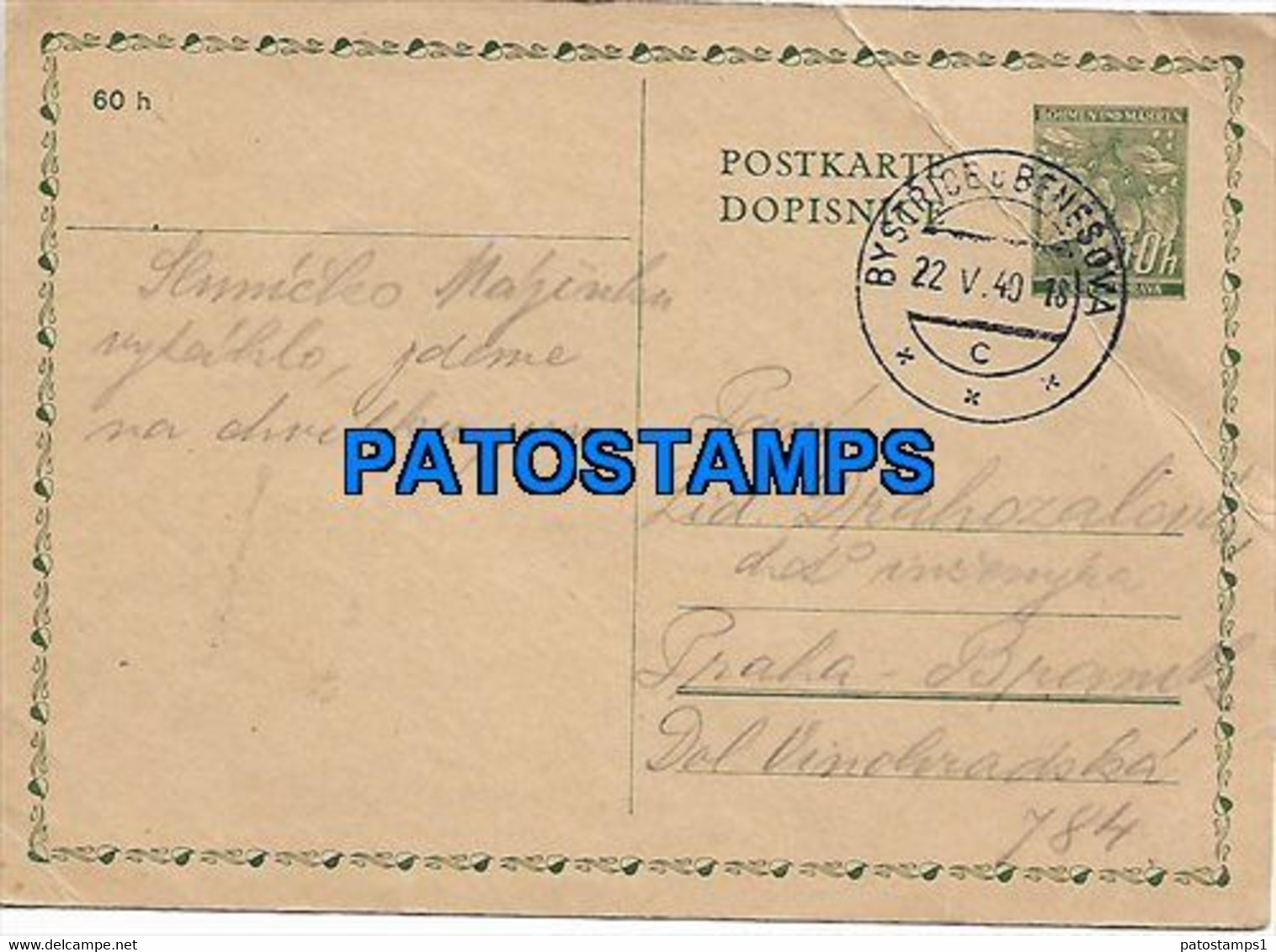 146658 CZECH REPUBLIC BYSTRICE U BENESOVA YEAR 1940 CIRCULATED TO PRAHA BREAK POSTAL STATIONERY POSTCARD - Ohne Zuordnung