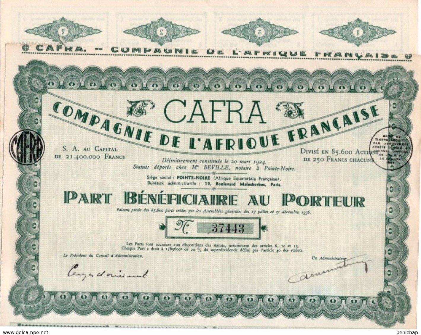 Part Bénificiaire Au Porteur - CAFRA -Compagnie De L'Afrique Française - Pointe-Noire - Paris - 1924. - Afrique