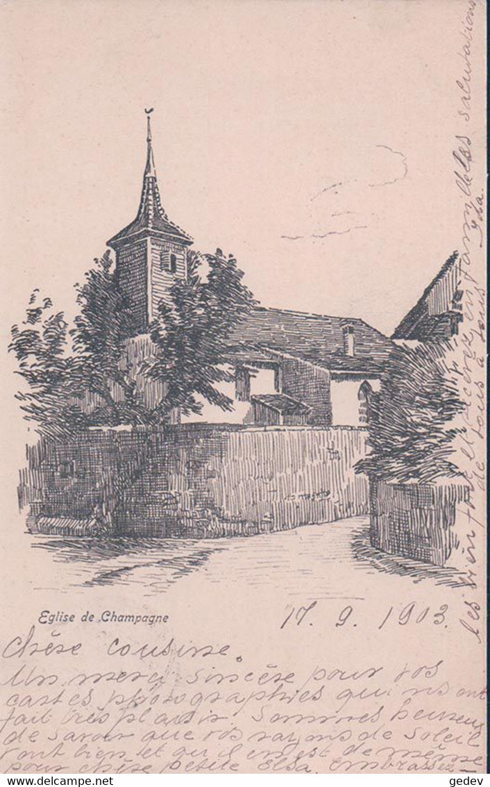 Champagne VD, Eglise, Dessin Litho (17.9.1903) - Champagne