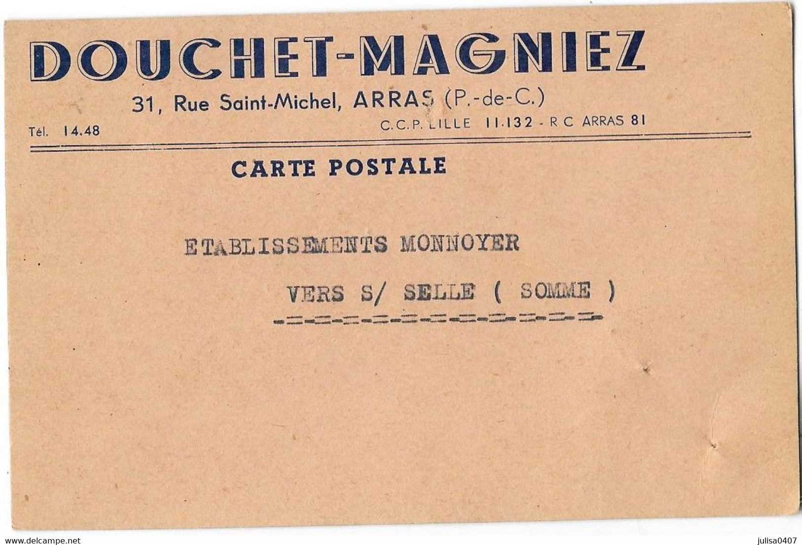 ARRAS (62) Carte Commerciale Publicitaire Douchet Magniez - Arras