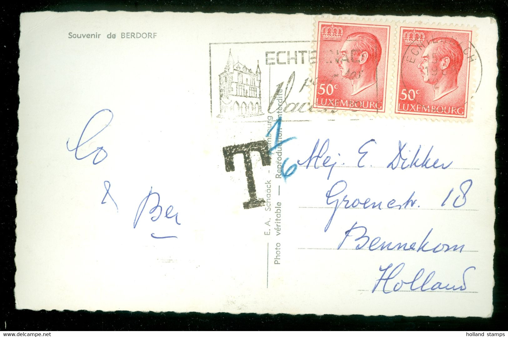 TAXE * PORT BELAST * POSTCARD Uit 1966 Van ECHTENNACH LUXEMBURG Naar BENNEKOM  (11.849s) - Taxes