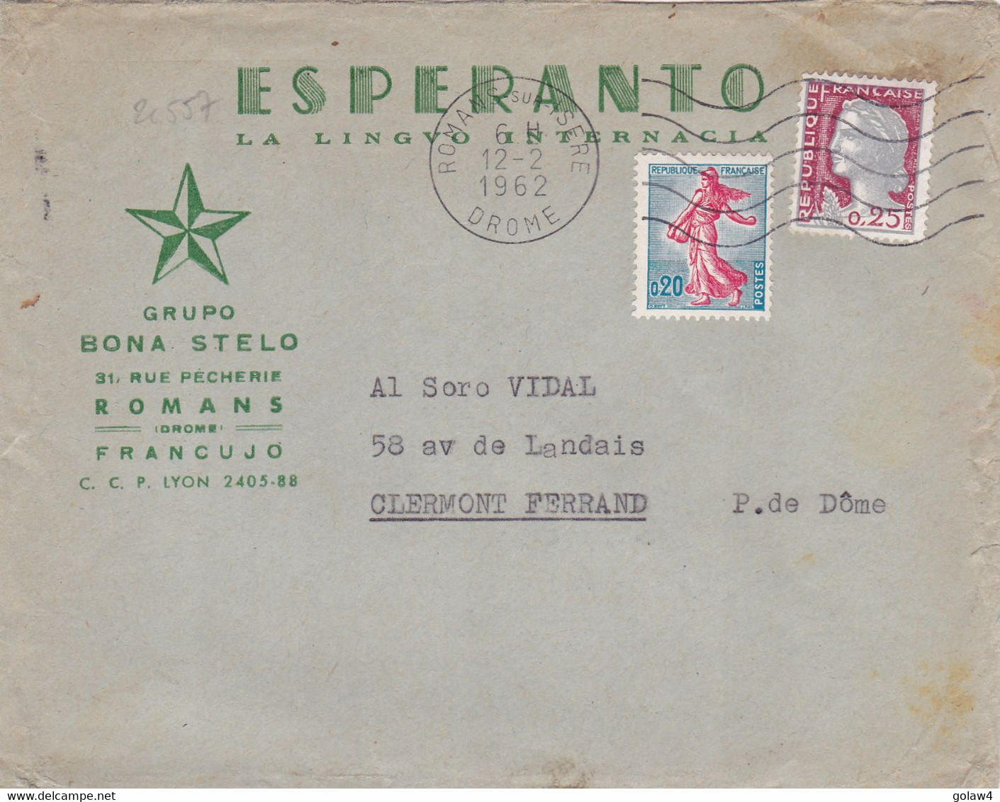 21557# LETTRE ESPERANTO Obl ROMANS SUR ISERE DROME 1962 CLERMONT FERRAND PUY DE DOME - Esperanto