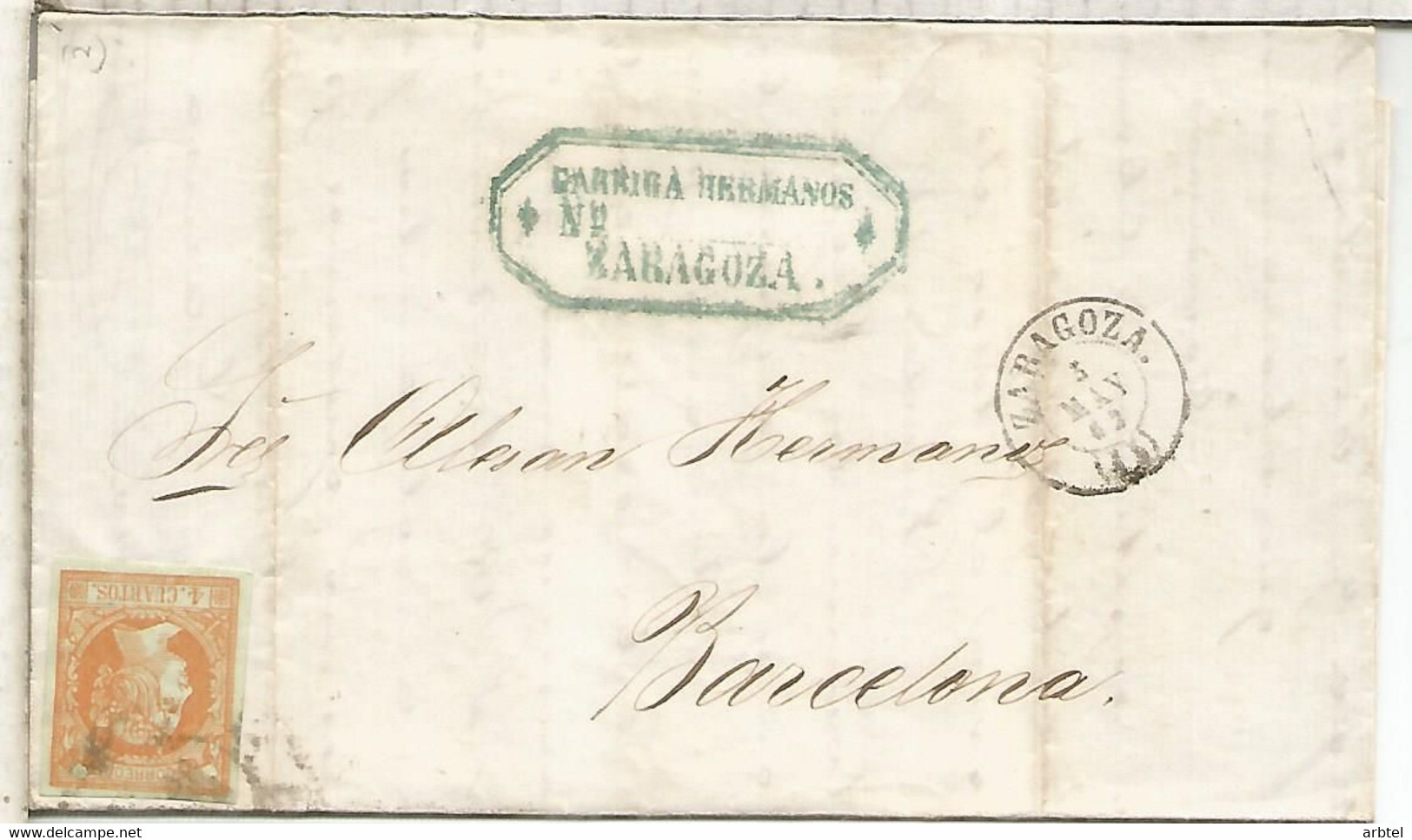 ISABEL II 1862 ZARAGOZA A BARCELONA ENVUELTA COMERCIAL - Altri & Non Classificati