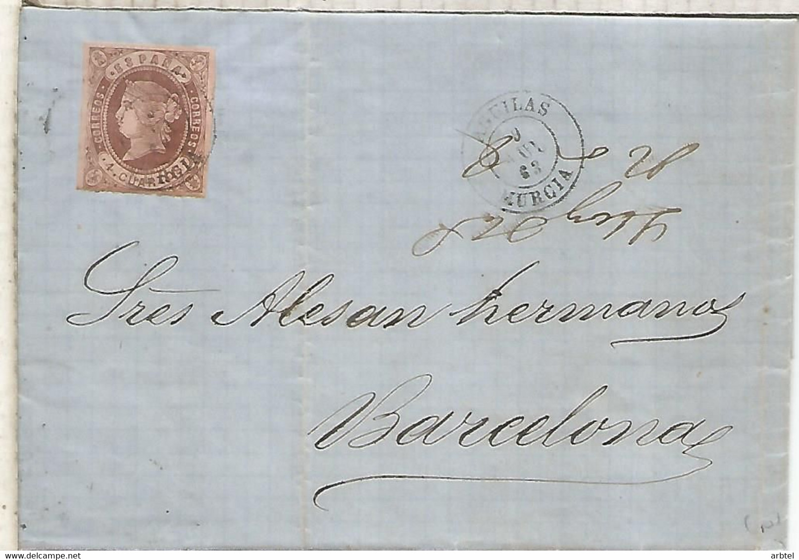 ISABEL II 1863 AGUILAS MURCIA  A BARCELONA ENVUELTA - Other & Unclassified