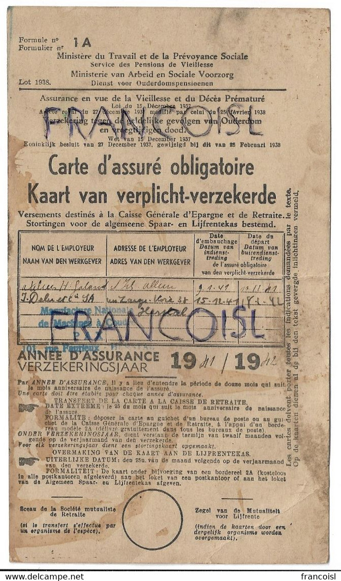 Carte D'assuré Obligatoire. Manufacture Nationale De Machines à Coudre. Doblusteine Elise 1941-1942 - Banca & Assicurazione