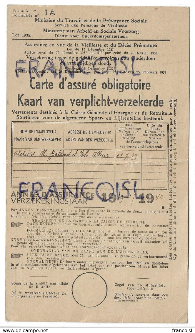 Carte D'assuré Obligatoire. Manufacture Nationale De Machines à Coudre. Doblusteine Elise 1939-1940 - Banca & Assicurazione