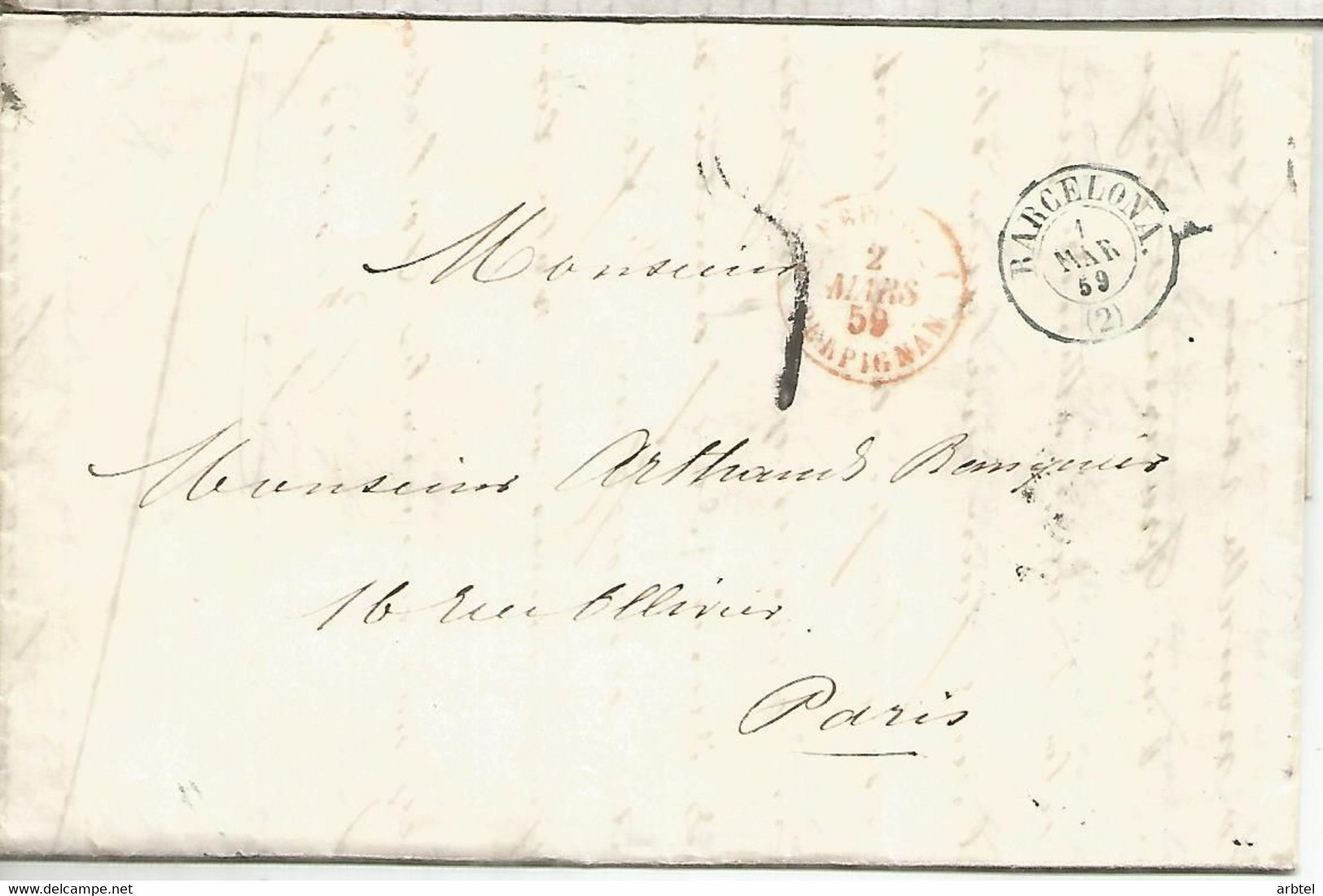 ENVUELTA BARCELONA A PARIS 1859 VARIOS MATASELLOS - Sonstige & Ohne Zuordnung