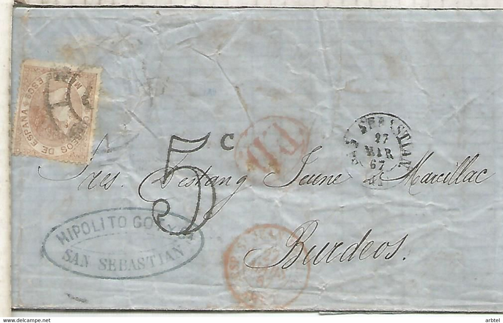 ENVUELTA SAN SEBASTIAN A BURDEOS BORDEAUX ISABEL II 1867 - Other & Unclassified