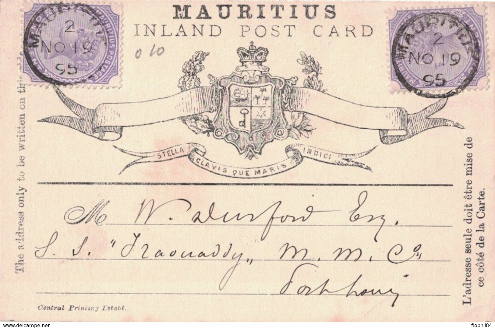 MAURICE - CARTE - LE 19-11-1895 POUR UN PASSAGER DU PAQUEBOT "IRAOUADY'' DES MESSAGERIES MARITIMES A FORT LOU - Maurice (...-1967)