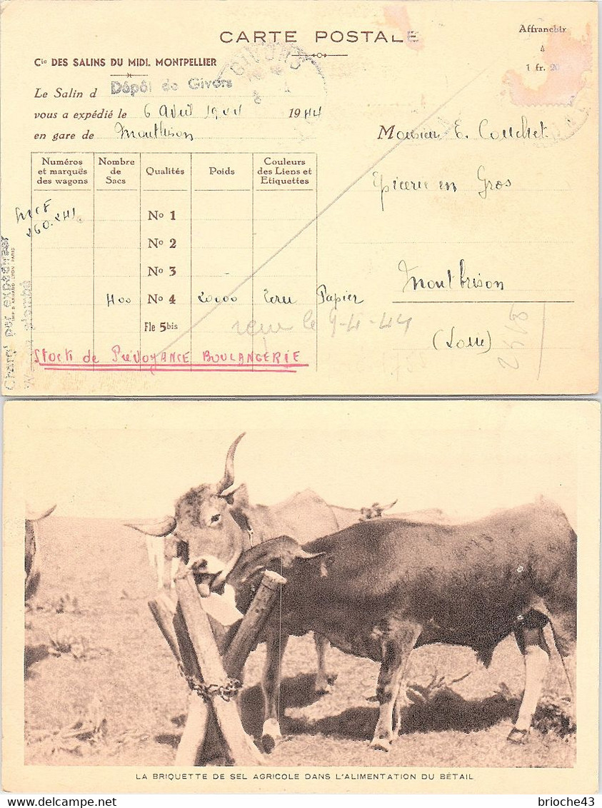 FRANCE - CARTE PUBLICITAIRE Cie DES SALINS DU MIDI 6.4.1944 - BRIQUETTE SEL AGRICOLE DANS ALIMENTATION DU BETAIL   / 4 - Brieven En Documenten