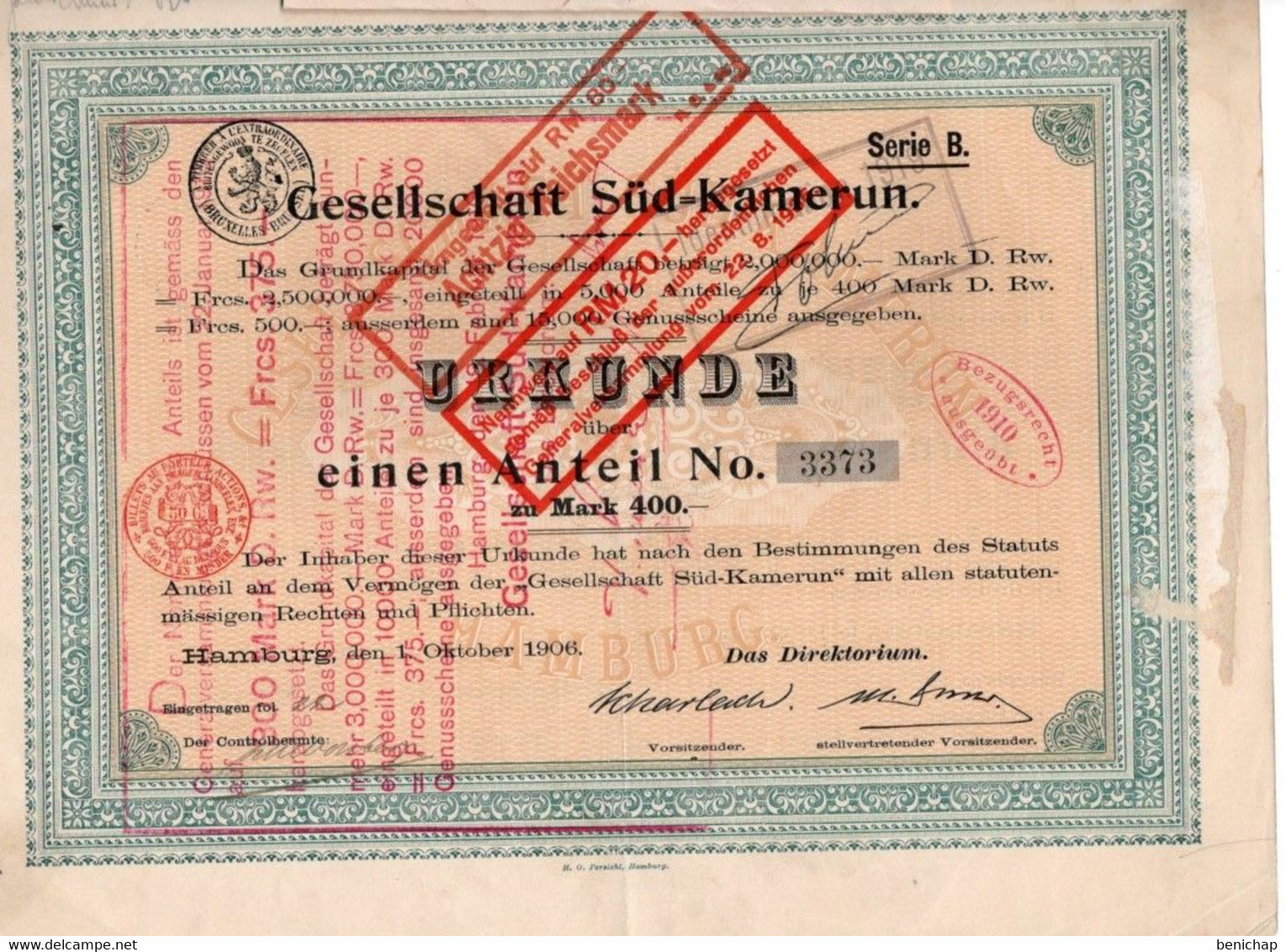 Urkunde über Einen Anteil Zu Mark 400 Série B - Gesellschaft Süd-Kamerun - Hamburg 1906. - Banque & Assurance