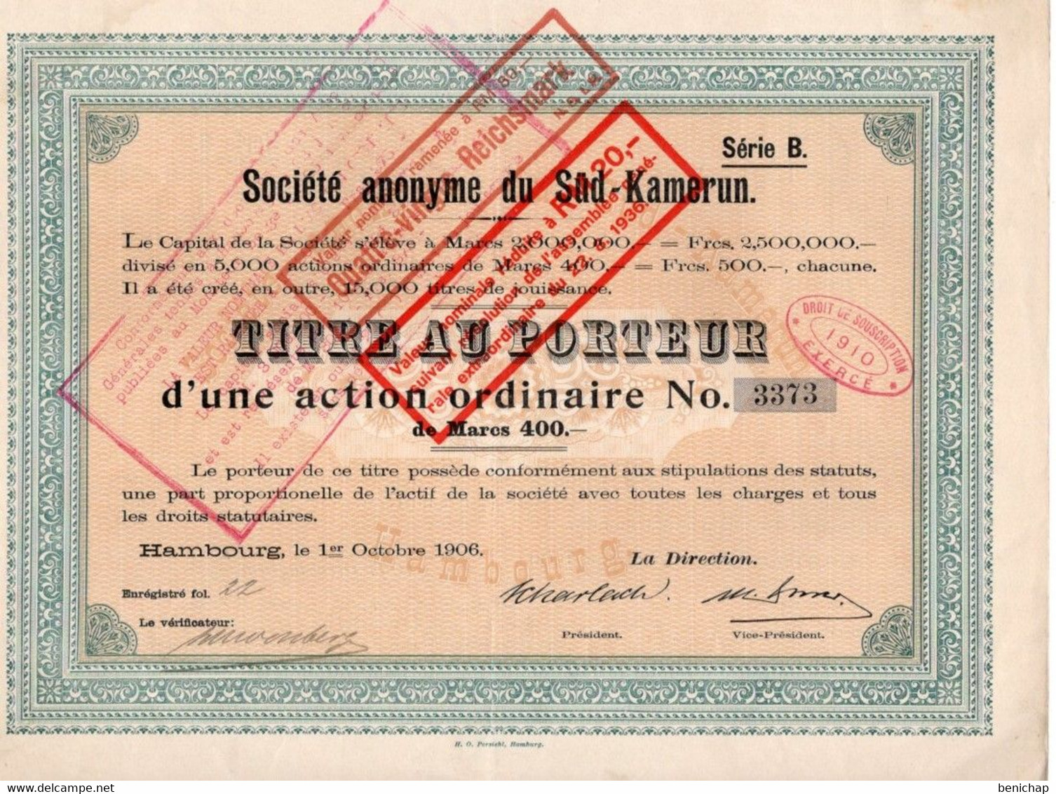 Urkunde über Einen Anteil Zu Mark 400 Série B - Gesellschaft Süd-Kamerun - Hamburg 1906. - Bank & Insurance