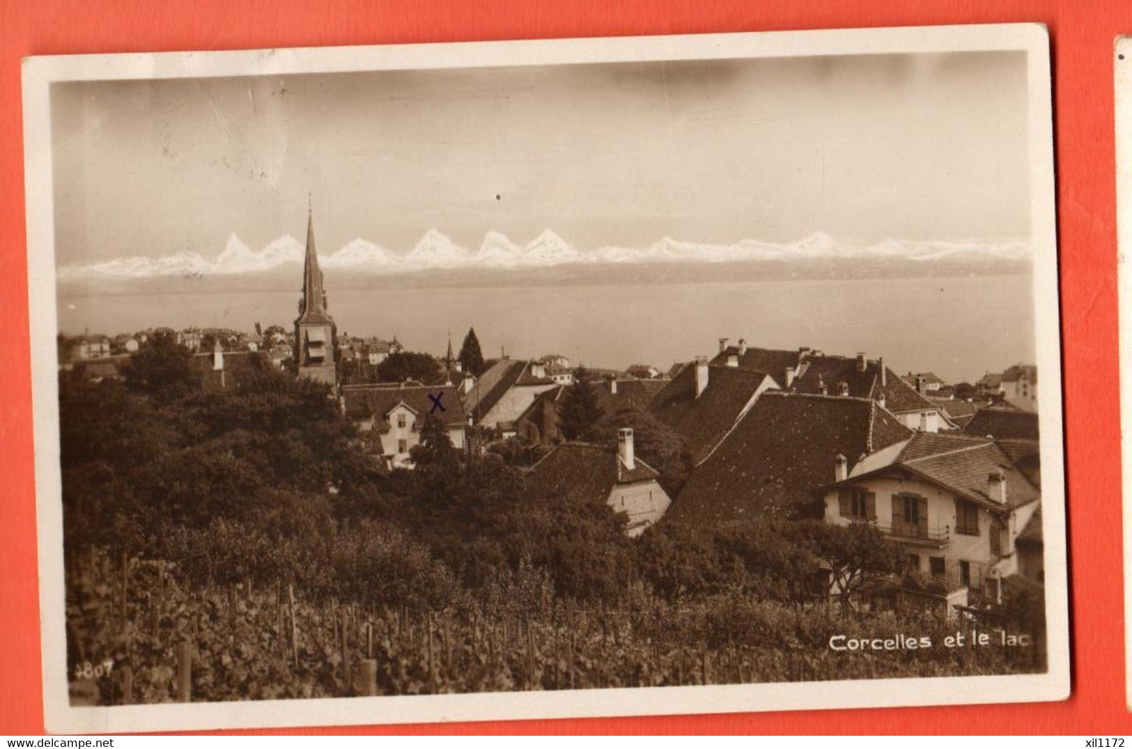 ZBT-10 Corcelles Et Le Lac, Vignoble Au Premier Plan. Sepia. Circ. 1928, Timbre Dàchirré. Perrochet-Matile - Corcelles