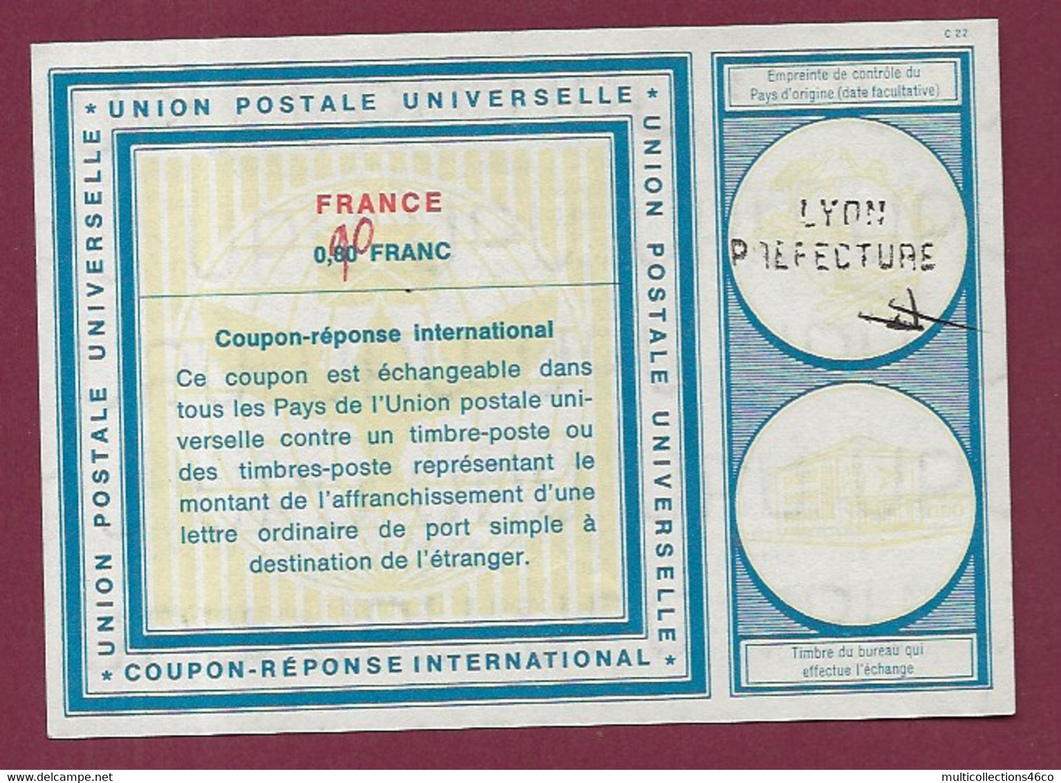 081120 -  COUPON REPONSE INTERNATIONAL  FRANCE 0,90 Franc - LYON PREFECTURE - Coupons-réponse