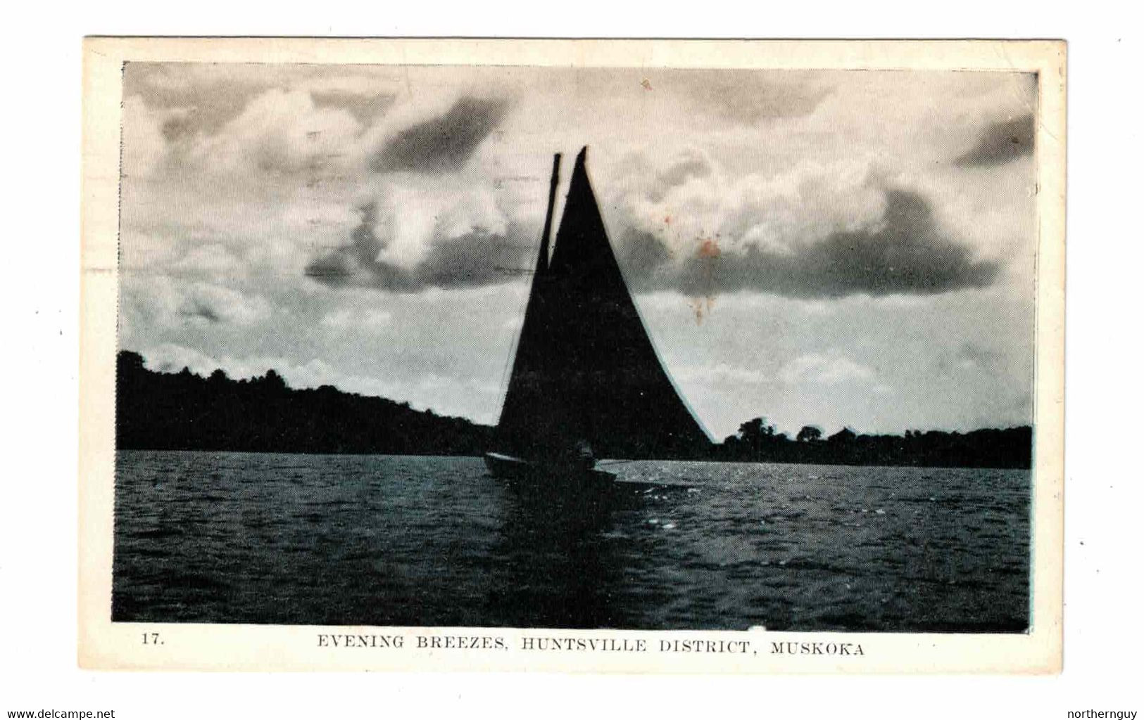 HUNTSVILLE, Ontario, Canada, Sailboat, "Evening Breezes", 1944 WB Postcard, Muskoka County - Huntsville