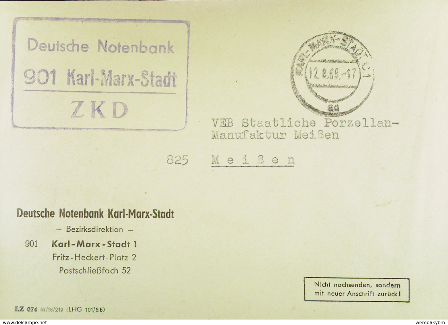 Fern-Brf Mit ZKD-Kastenstpl "Deutsche Notenbank 901 Karl-Marx-Stadt" Vom 12.8.66 An VEB Porzellanmanufaktur Meißen - Lettres & Documents