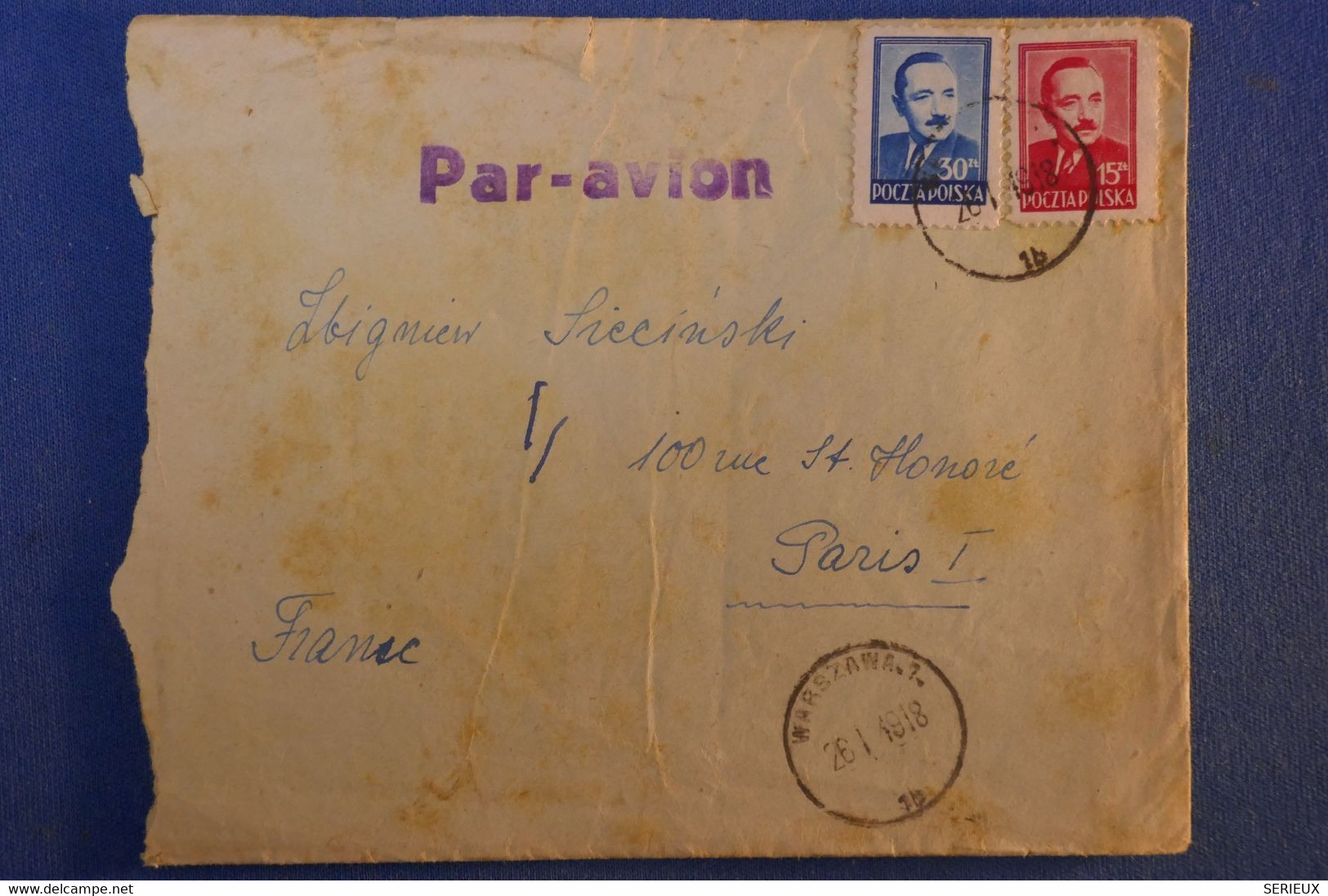 E10 POLOGNE LETTRE PAR AVION 1918 VARSOVIE POUR PARIS RUE ST HONORé + LETTRE A LIRE - Brieven En Documenten