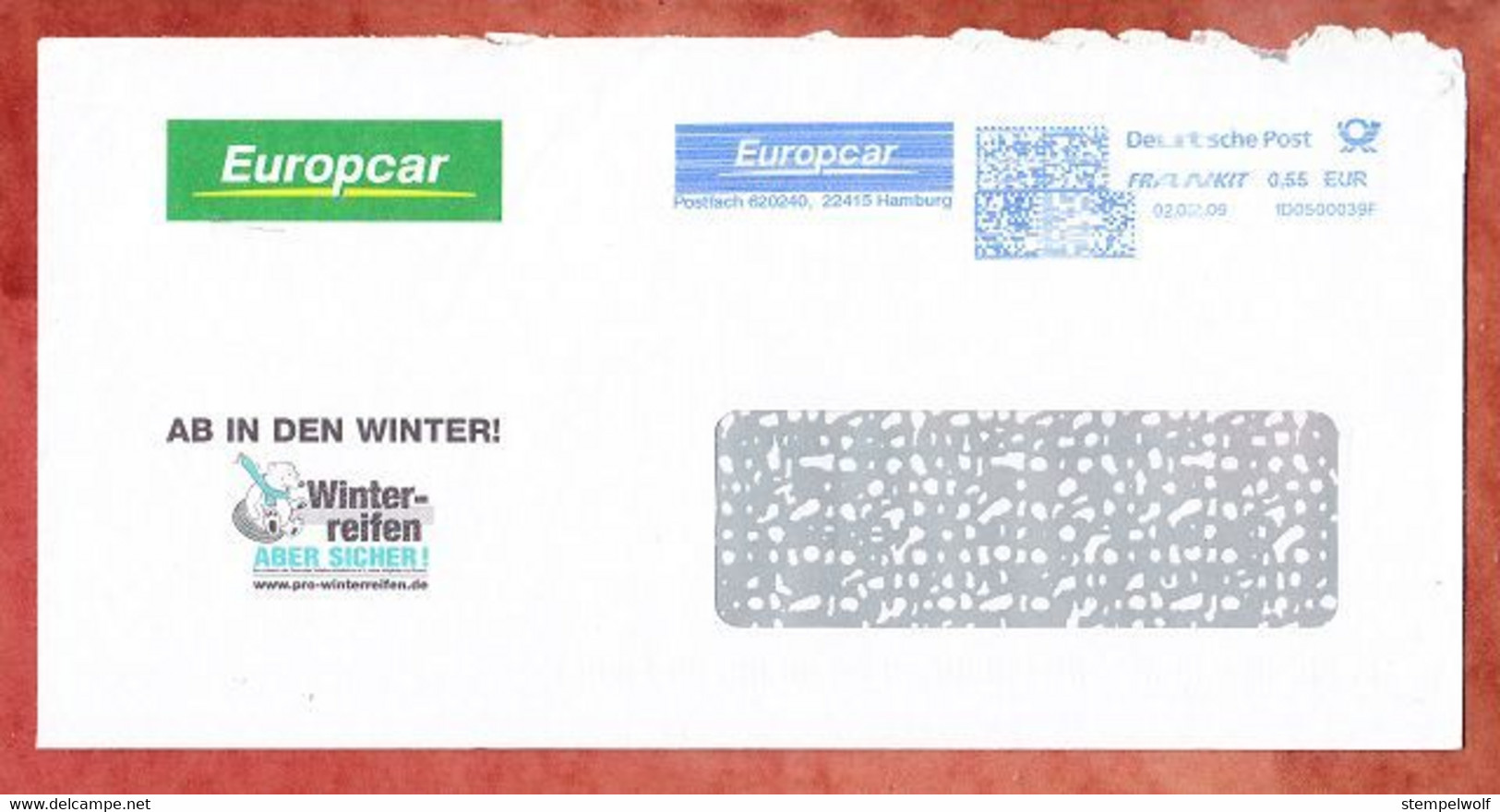 Brief, FRANKIT Neopost 1D050.., Europcar Hamburg, 55 C, 2009, Verlaengerte Matrix (99033) - Frankeermachines (EMA)