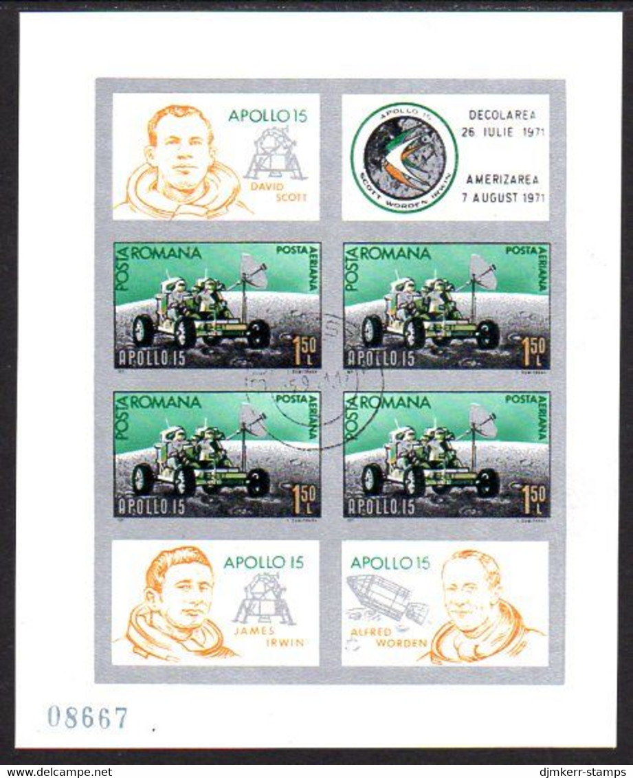 ROMANIA 1971 Apollo 15 Imperforate Block Used.  Michel Block 89 - Blocks & Kleinbögen