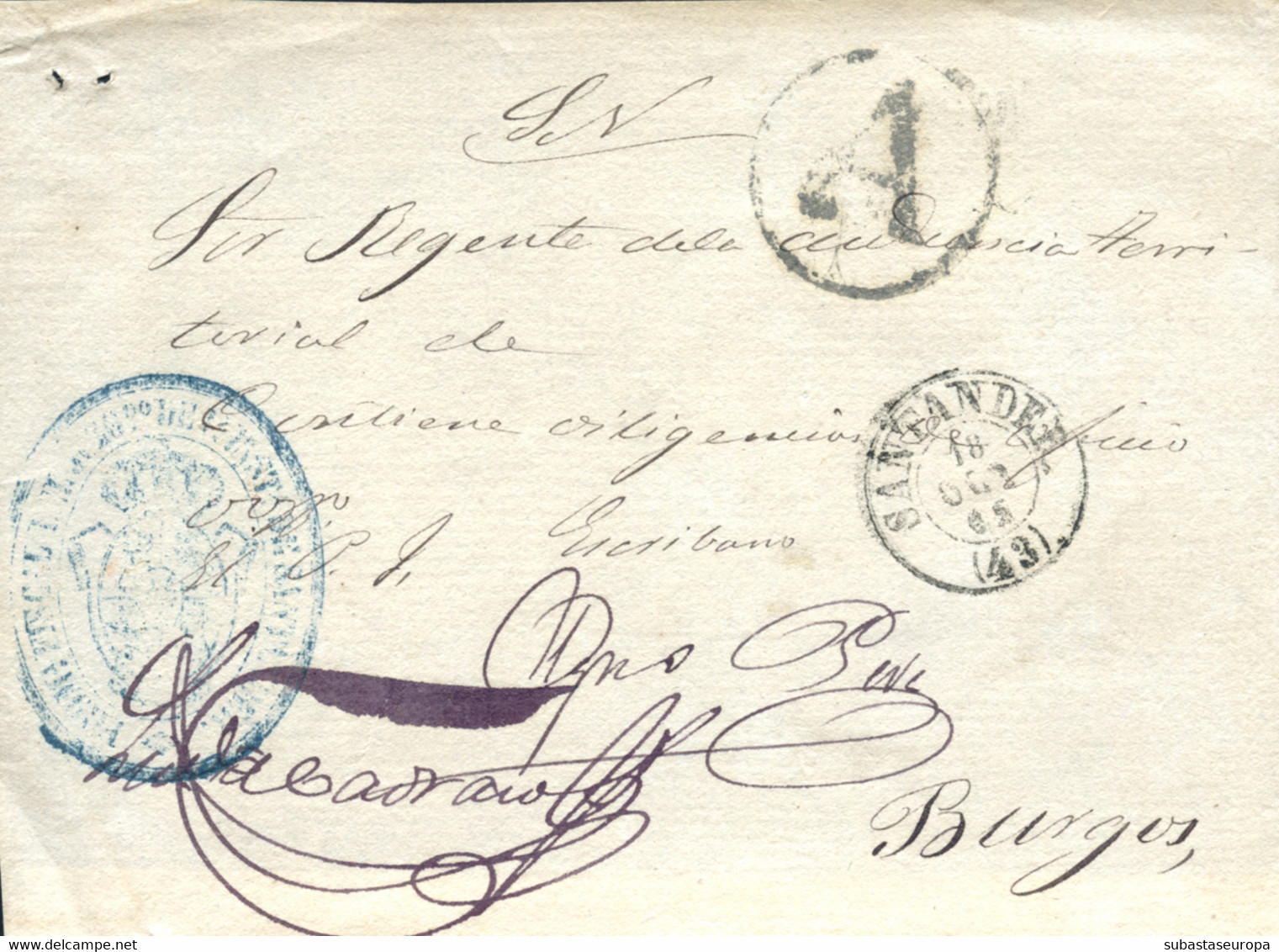 Frontal Del S.N. Circulado De Santander A Brugos, Año 1865. Marca "A" De Abono Y Del Juzgado. - Briefe U. Dokumente