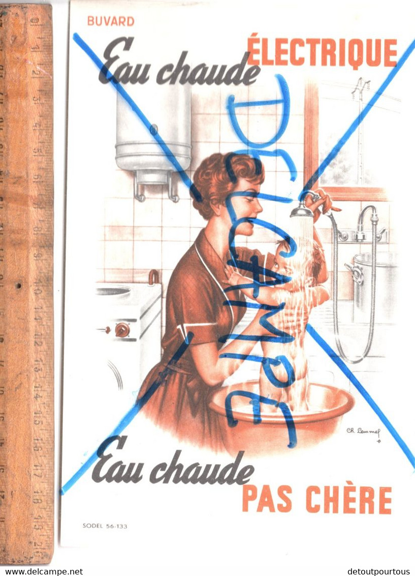 BUVARD : EAU CHAUDE ELECTRIQUE EAU CHAUDE PAS CHERE Illustration Maman Bébé Bain Cuisine Charles LEMMEL Illustrateur - Electricité & Gaz