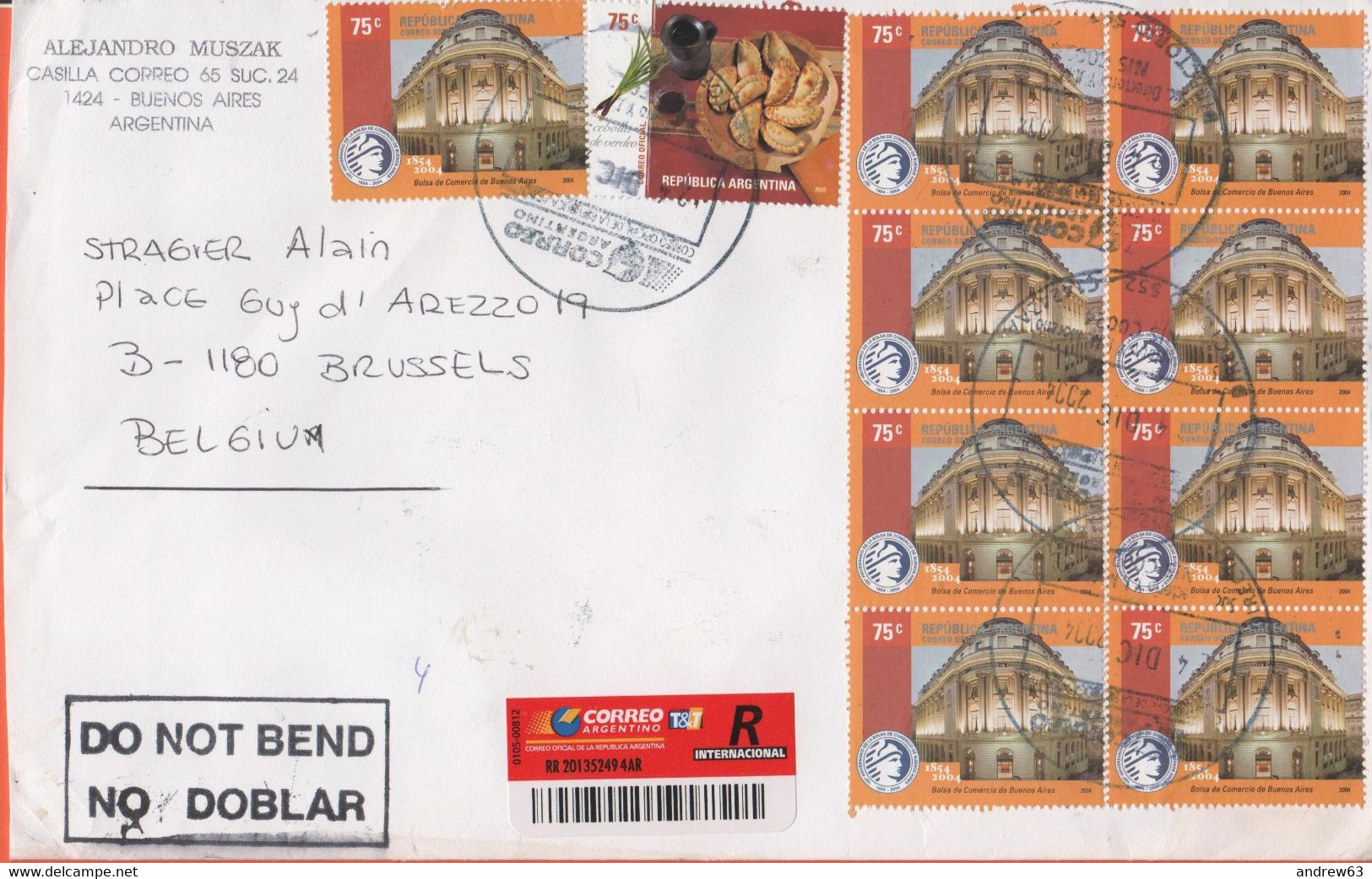 ARGENTINA - 2004 - 21 Stamps (11 On The Rear) - Registered - Medium Envelope - Viaggiata Da Buenos Aires Per Bruxelles, - Covers & Documents