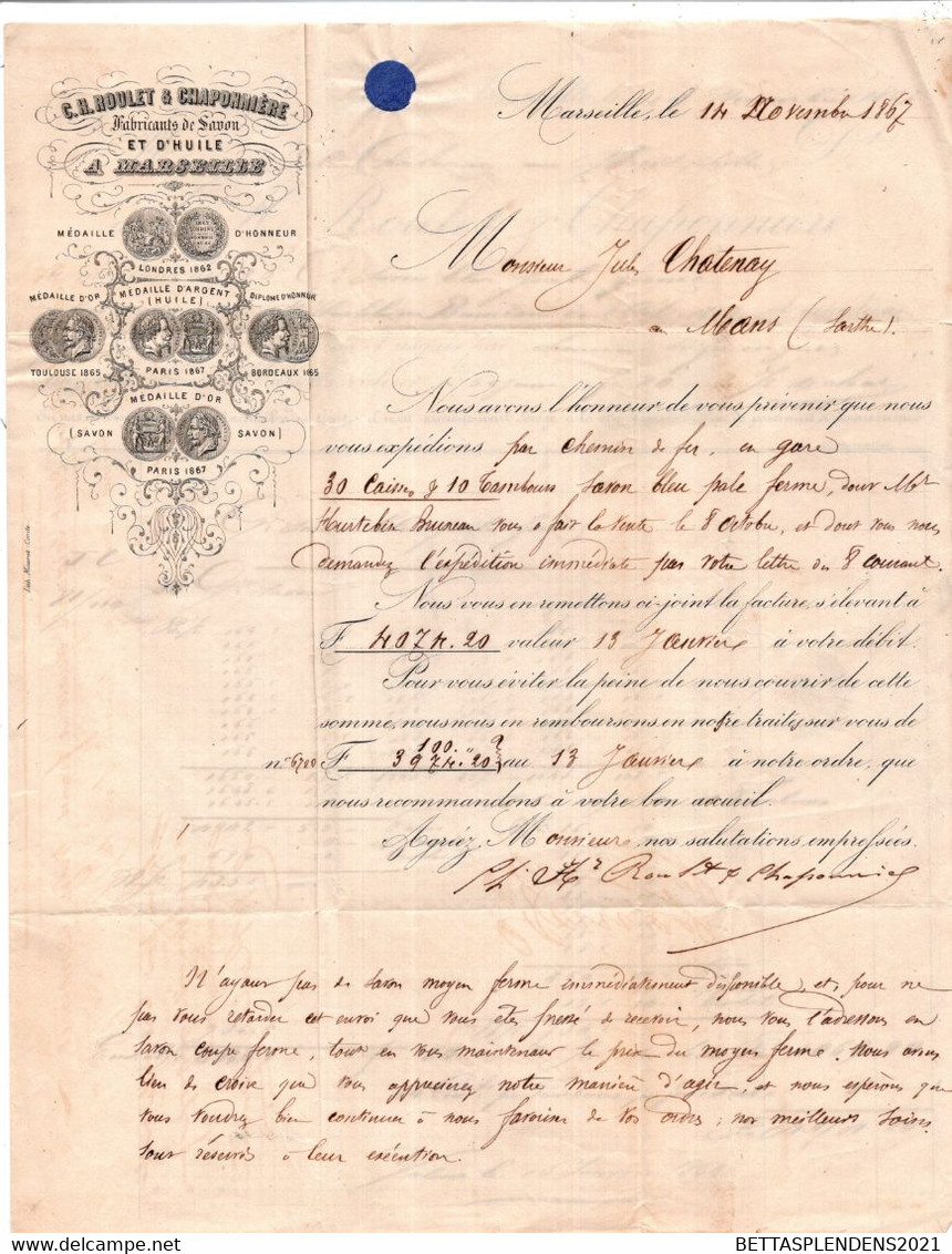 1867 Cachet MARSEILLE Sur YT 22 & Cachets Ambulants - Lettre Illustrée CH.ROULET & CHAPONNIERE - Fabricants De Savon - 1849-1876: Klassik